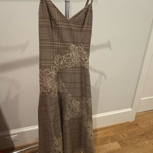 High-Low Plaid Slip Dress with Lace Trim - Brown mare mare size S